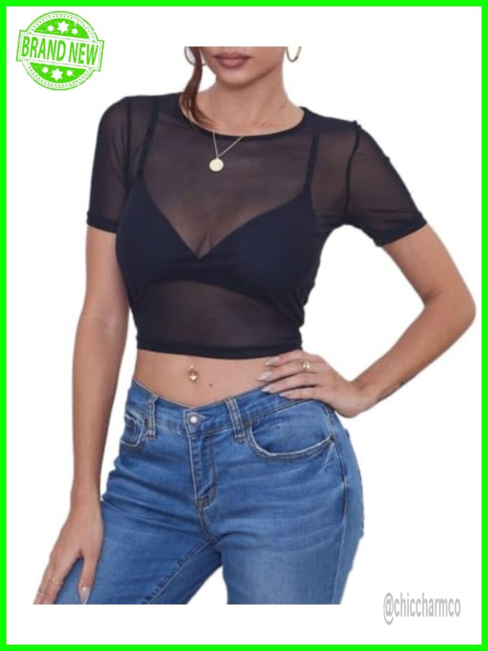 Women Sheer Mesh Crop Top Short Sleeve Crew Neck Y2K Clubwear Top